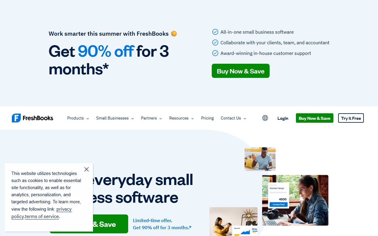 FreshBooks homepage for freelancers showing invoicing, expense tracking, and online payments