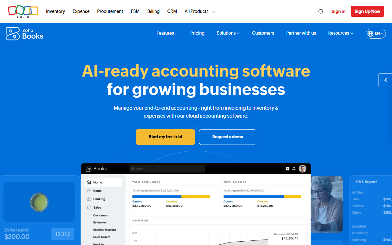 Zoho Books homepage showing accounting, invoicing, and expense software