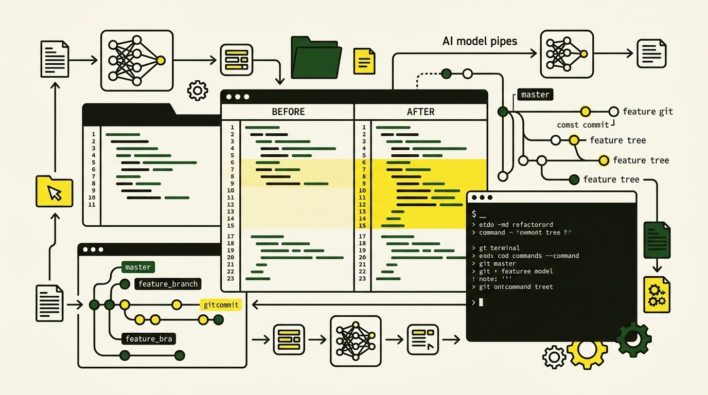 Editorial illustration of a modern developer workstation with split code editor before and after diffs, terminal command prompt, Git commit tree, and AI model pipes in warm paper tones with green and yellow accents
