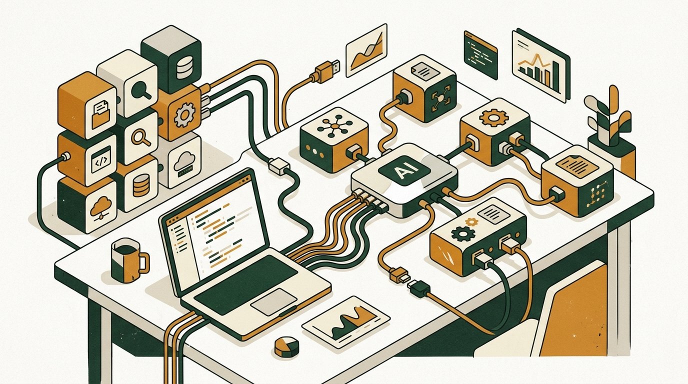 Editorial flat vector illustration of an AI developer workstation with modular Model Context Protocol connector hubs and data pipes in warm paper tones with green accents