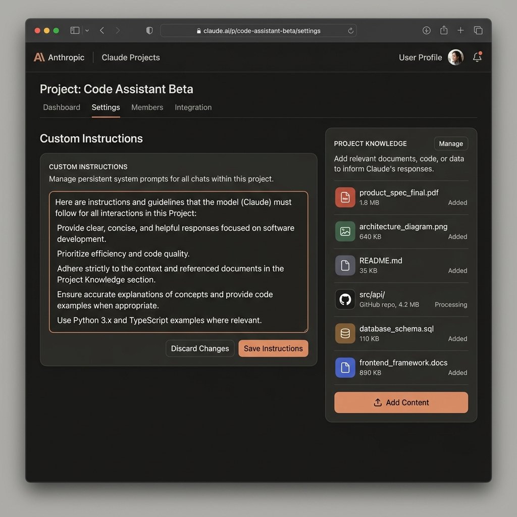 Anthropic Claude Projects workspace with persistent context instructions and uploaded documents
