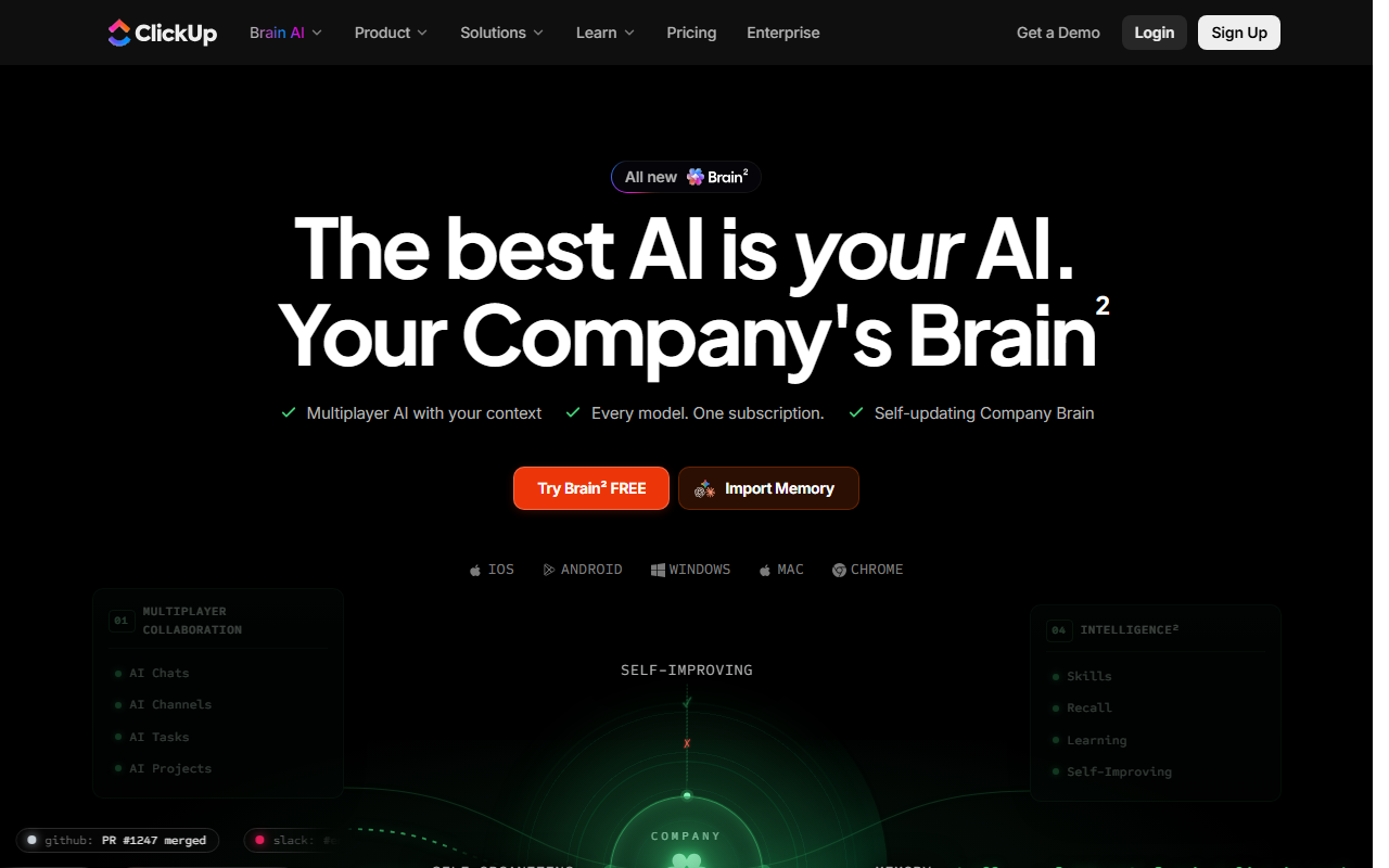 Real screenshot of ClickUp Brain showing AI features, connected workspace search, and automated task updates
