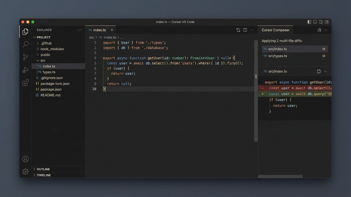 Cursor AI multi-file Composer interface showing applied code diffs