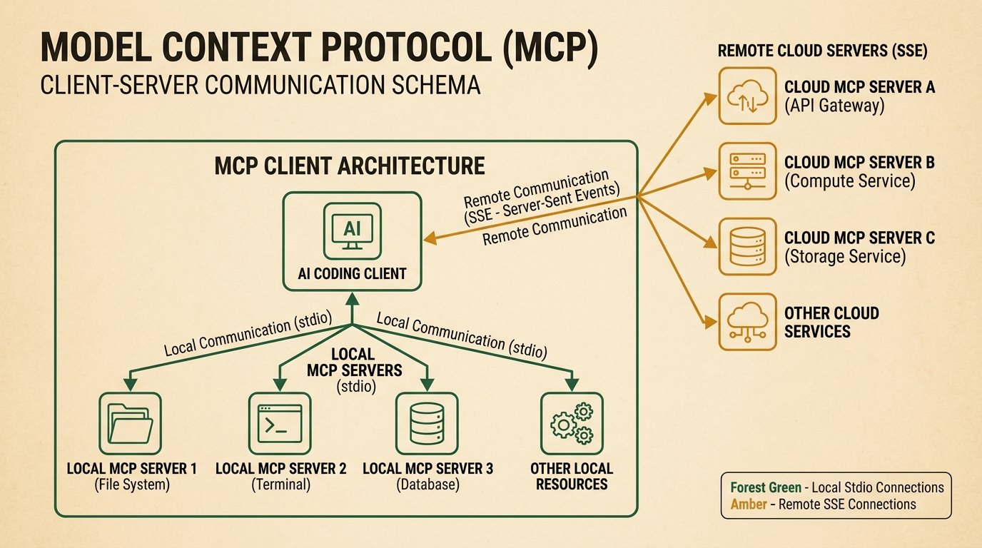 System architecture diagram of the Model Context Protocol showing an AI Coding Client connecting to local stdio servers and remote cloud SSE servers
