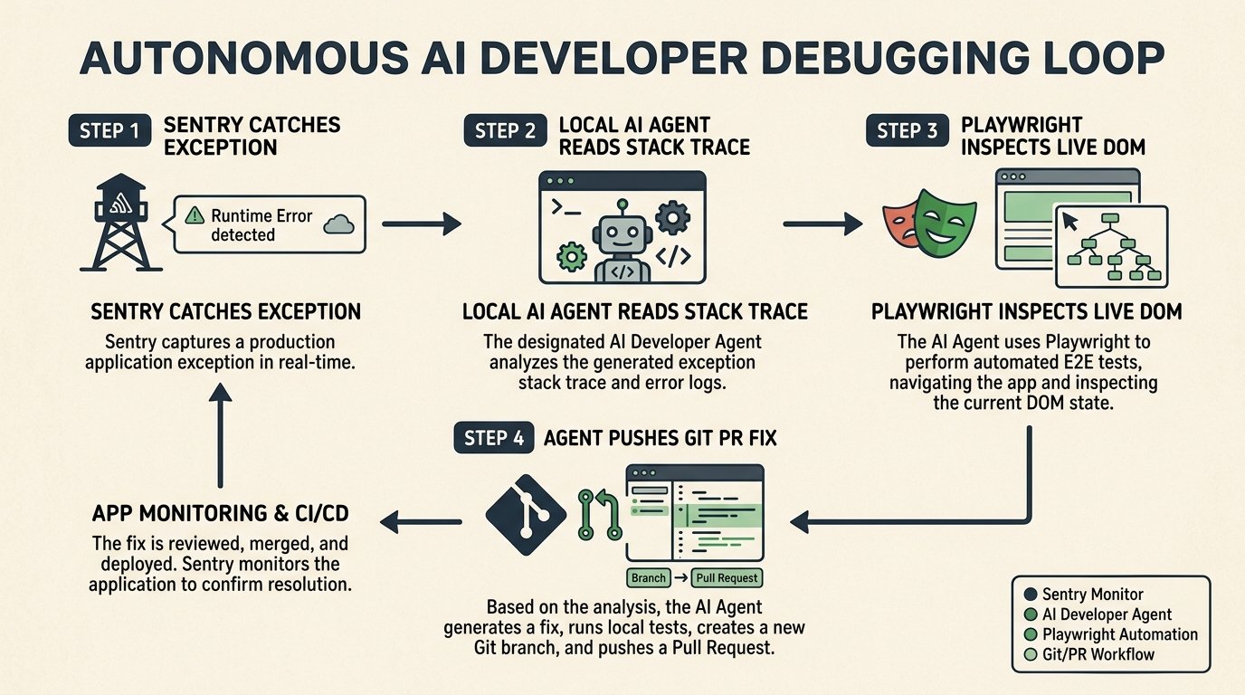 Flowchart showing autonomous AI developer debugging loop using Sentry exception capture, local agent code fix, Playwright DOM verification, and GitHub PR push
