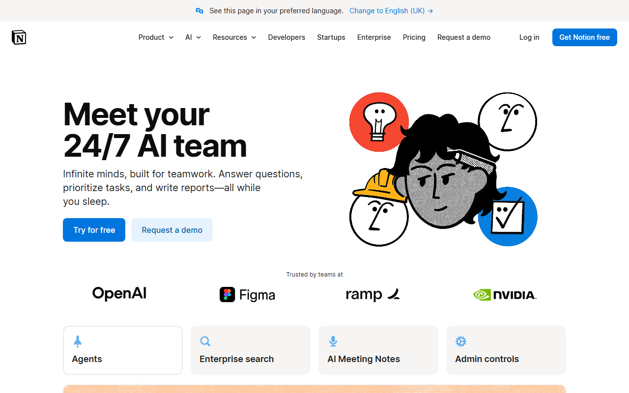Real screenshot of Notion AI product interface detailing connected workspace intelligence and question-answering across databases