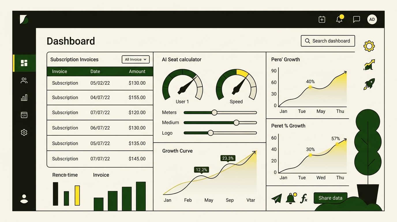 Editorial illustration of a clean modern SaaS dashboard with subscription invoices, AI seat meters, and cost calculators in warm paper tones with green and yellow accents
