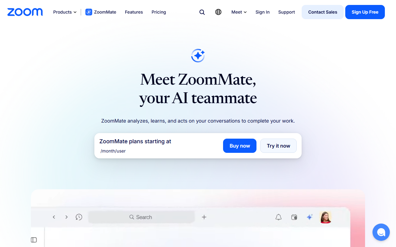 Real screenshot of Zoom AI Companion interface displaying automated meeting summaries, smart action item extraction, and zero-dollar pricing structure