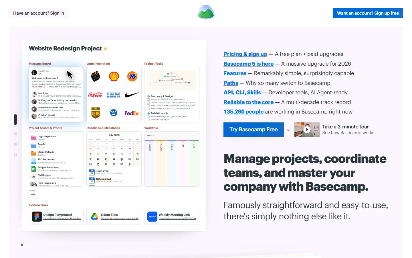 Basecamp client project with message board, to-dos, and files