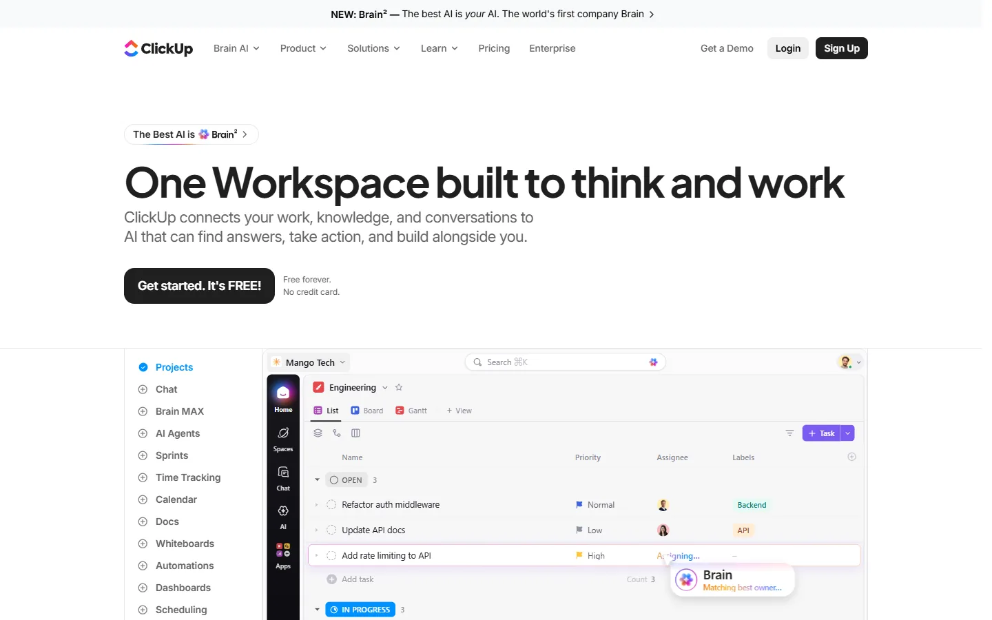 ClickUp free plan workspace with docs, task list, and calendar view for one user