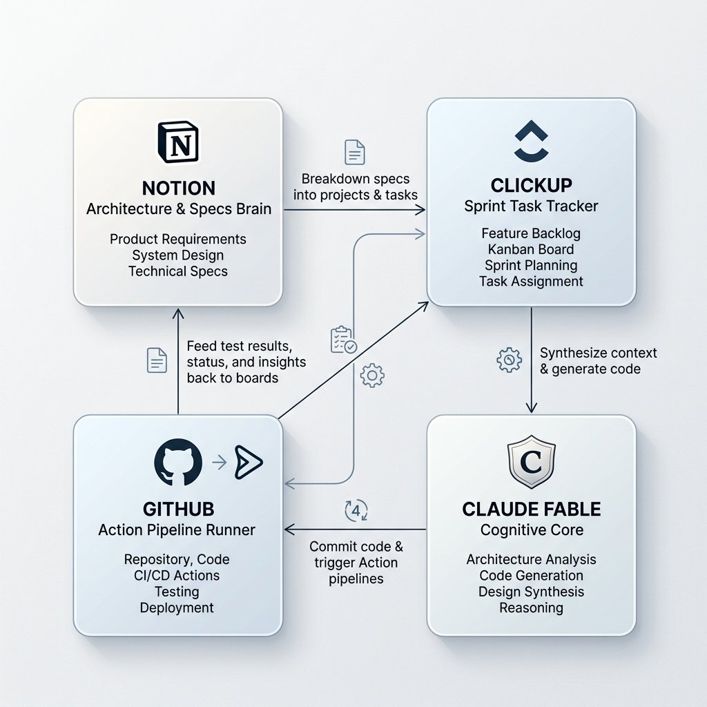 AI Developer Stack flow diagram mapping the integration between ClickUp, Notion, Claude, and GitHub