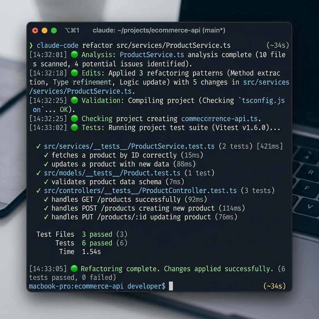 Claude Code CLI running in a developer terminal executing refactoring commands and verifying Vitest outputs