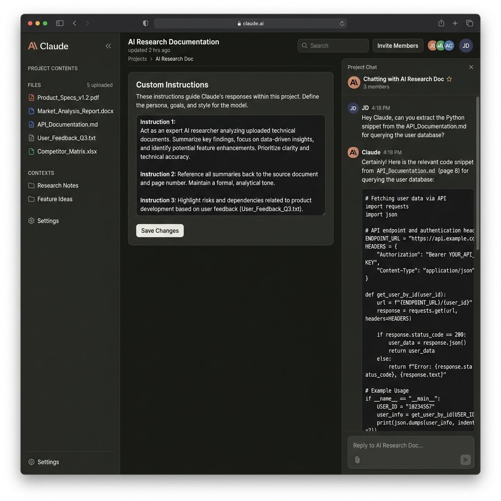 Claude.ai Projects Workspace UI Dashboard showing system instructions and uploaded documentation